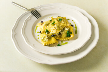 Ravioli with spinach and cheese, green sauce, on a light background, selective focus, no people,