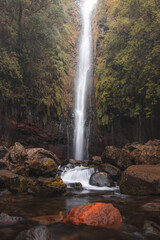 Fototapeta na wymiar In rainy weather, the majestic and well-known 25fontes waterfall rises in the mist and rain on the island of Madeira, Portugal. Discovering magical places in Europe