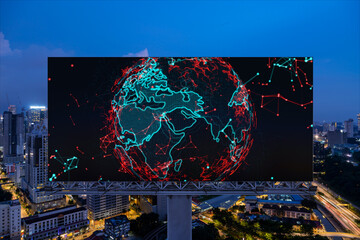 Hologram of Earth planet map on billboard over night panoramic cityscape of Kuala Lumpur, Malaysia, Asia. The concept of international companies in KL. Globe