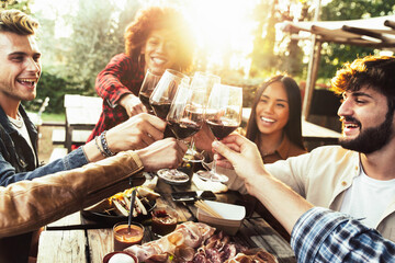 Group of friends having fun at bbq dinner in garden restaurant - Multiracial people cheering red...