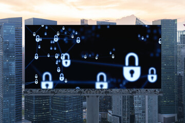 Padlock icon hologram on road billboard over panorama city view of Singapore at sunset to protect business, Southeast Asia. The concept of information security shields.