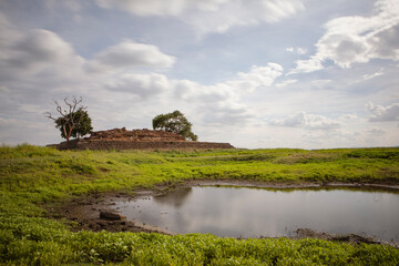 Fototapeta na wymiar The Parakrama reservoir in Sri Lanka photographed during the drought season.