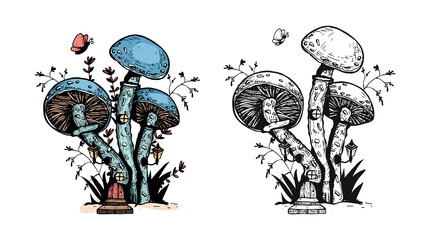 blue mushroom vector coloring sketch. fantastic mushroom vector coloring book. blue mushroom vector doodles. fantasy mushrooms vector graphics. fabulous blue mushroom vector doodles.
