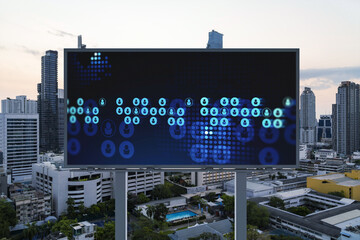 Glowing Social media icons on billboard over sunset panoramic city view of Bangkok. The concept of...