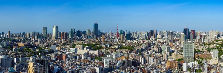 Fototapeta na wymiar Ultra wide banner image of Tokyo city view at daytime.