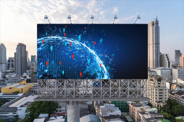 World planet Earth map hologram of social media icons over sunset panoramic cityscape of Bangkok, Southeast Asia. The concept of people connections.