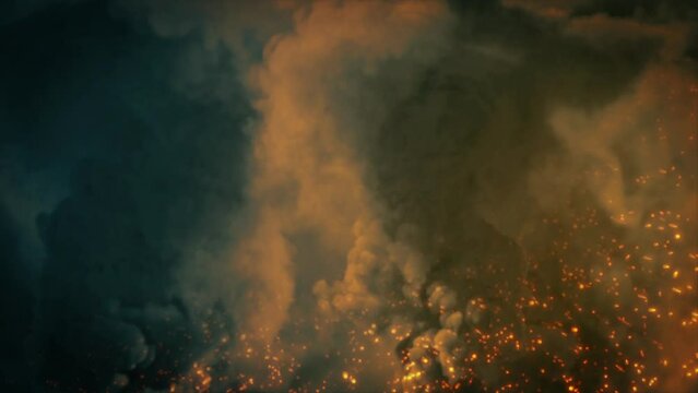 Dark bg with smoke flames and flying sparks