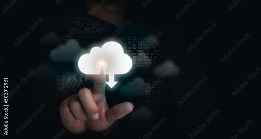 Poster cloud storage concept. cloud computing technology, virtual icons touched by a businessman with binar