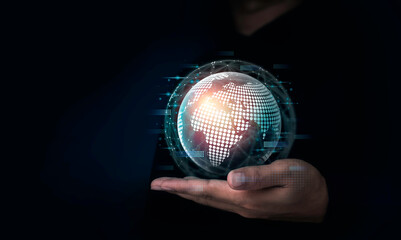 Digital world, global data network in human's hand on dark background with copy space. International connection with futuristic virtual big data, financial analysis, social network databases concept