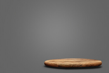 Rustic wooden podium on dark gray background for product display, wooden podium Background for perfume and cosmetic products, rustic wooden product background, product display background