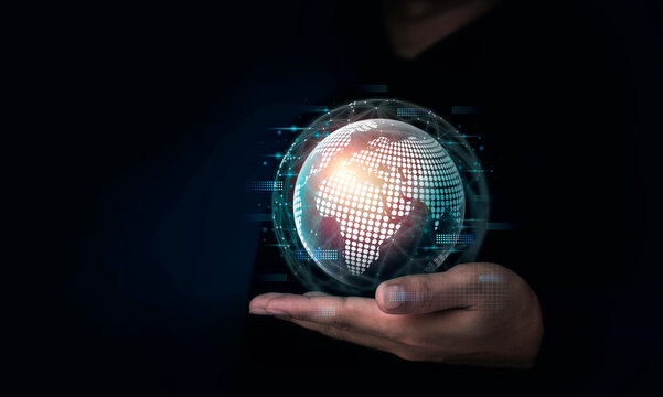 Digital world, global data network in human's hand on dark background with copy space. International connection with futuristic virtual big data, financial analysis, social network databases concept