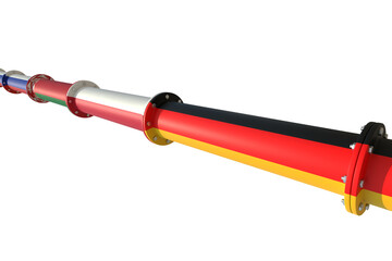 Conceptual representation of a pipeline for transporting combustible hydrocarbons, connecting the Russian Federation, Belarus, Poland and Germany. 3D illustration. Isolated on a white background.