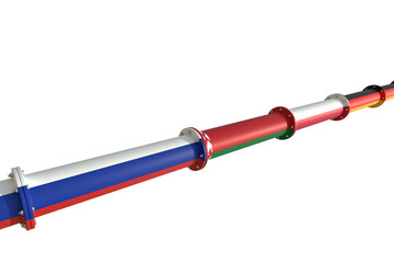 Fototapeta premium Conceptual representation of a pipeline for transporting combustible hydrocarbons, connecting the Russian Federation, Belarus, Poland and Germany. 3D illustration. Isolated on a white background.