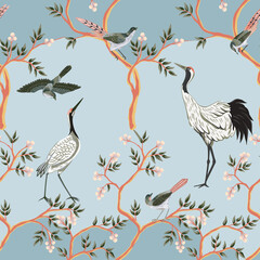 Naklejka premium Chinese bird abstract pattern, blue background. Exotic chinoiserie floral wallpaper.