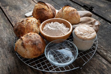 Sourdough buns and bread ingredients