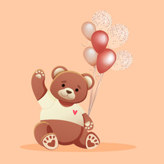 Vector card of a cute teddy bear in a t-shirt with a heart and with balloons in his hand