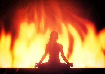 燃え上がる炎の中で瞑想する女性のイラスト