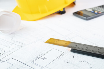 autocad drawing, workplace architect builder at the construction site