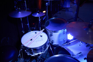 Set of drums. Detail of a drum kit closeup. The concept of a live concert. Drum set on rock concert...