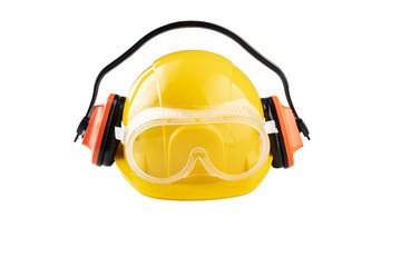 engineer builder helmet in goggles and protective headphones isolated on white...