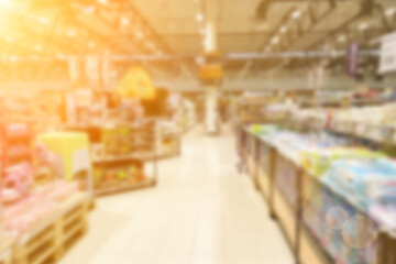 superstore supermarket blurred background,grocery shopping,product selection,shelves in hypermarket