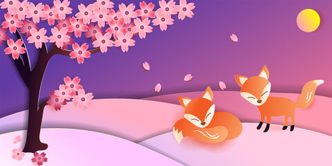 Red foxes with Blooming Sakura Tree at night of the full moon, Paper cut style, Hand drawn vector illustration