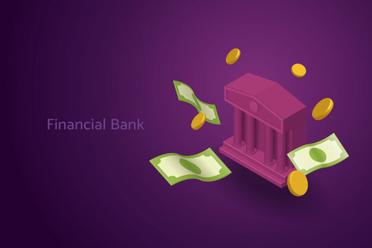 Bank building icon with coins and paper banknotes floating out on a purple background.