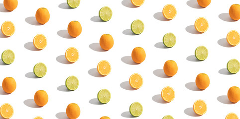 Banner with citrus sliced orange and lime isolated on white. Abstract summer background