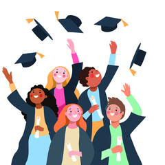 a group of student fellows holding their diplomas and celebrating their graduation by throwing their hats in the air - flat hand drawn vector illustration