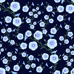 Floral arrangement of flax flowers and buds  from the stem and leaves on dark blue background in a random arrangement square format, floral print for textile, seamless pattern, vector
