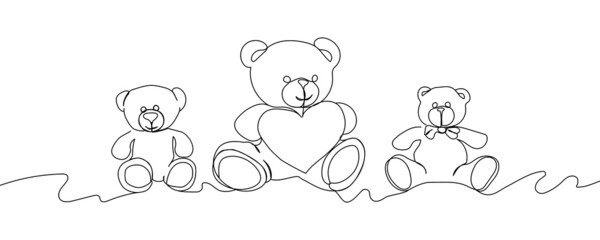 Set of teddy bears continuous line drawing. One line art of February 14, Valentine s day, birthday, love, heart, toy, gift, relationship, romance, relationship.