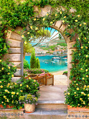 The Mediterranean coast. Arch in flowers. Photo wallpapers. Frescoes. Wallpaper for printing. - obrazy, fototapety, plakaty