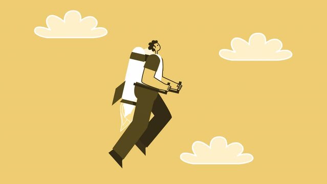 Yellow Style Man Flat Character Flies Up with Flying Jetpack Backpack. Isolated Loop Animation with Alpha matters 