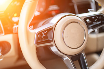 multimedia control panel on the steering wheel of a modern car - obrazy, fototapety, plakaty