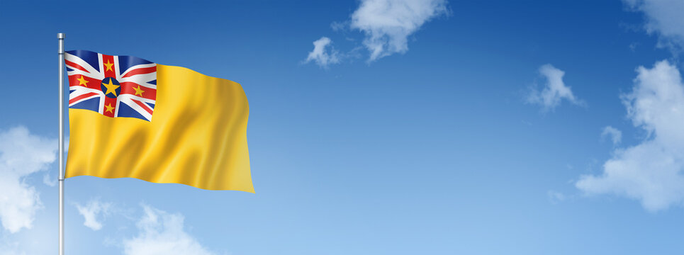 Niue Flag Isolated On A Blue Sky. Horizontal Banner