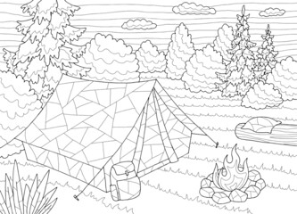 Camping coloring graphic black white landscape sketch illustration vector