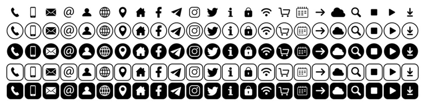 Contacts vector icons, social icons in black color flat style. Vector icons with round and square strokes. Icons for your design on an isolated background. Vector EPS 10