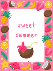Sweet summer. A rectangular postcard with text and bright summer fruits, sweets and coconut cocktail. Seasonal sweet food, symbols of summer. Vector illustration in a flat cartoon style