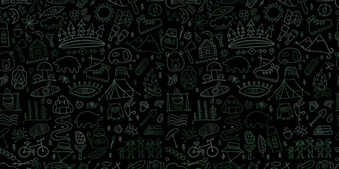 Materiał do szycia World Tourism Day. Forest and Mountain Tourist Seamless pattern. Camping Background for your design.
