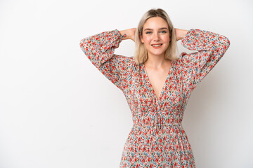 Young caucasian woman isolated on white background laughing