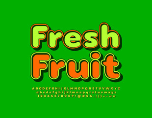Vector advertising banner Fresh Fruit. Bright artistic Font. Isometric Alphabet Letters, Numbers and Symbols set