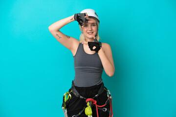 Young caucasian rock-climber woman isolated on white background focusing face. Framing symbol