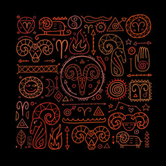 Illustration of Aries zodiac sign. Element of Fire. Design of Astrology Calendar, Horoscope, Print.