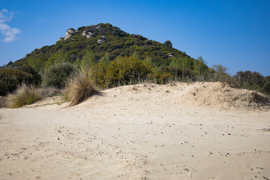 Sand dunes and beach in Ammolofoi Beach in Kavala, Greece