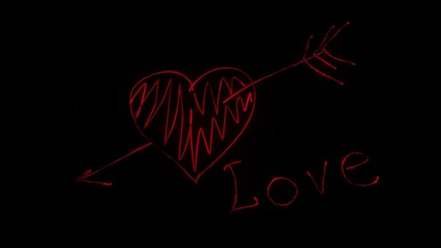 the symbol of a heart pierced by an arrow appears on a black background and the word love. looped animation. 3d render