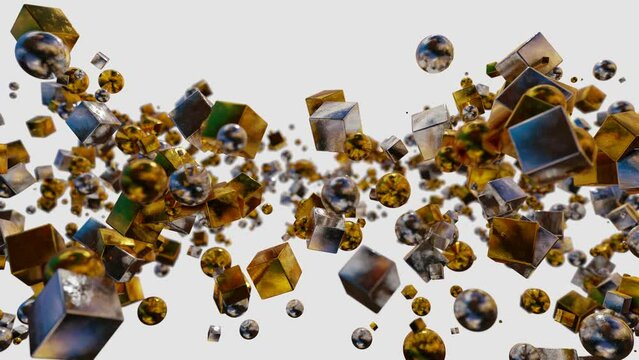 abstract animated background. different silver and gold cubes and spheres are flying on a white background. 3d render