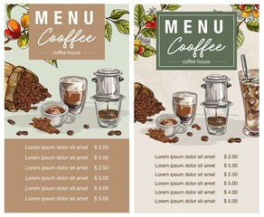 set vintage coffee illustration for poster or menu template. Graphic style elements: label, postcard, sticker, menu, packaging. Can be used for website or social media
