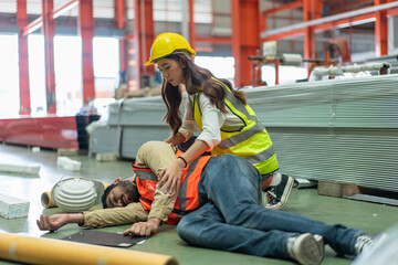 Asian male engineer accident lying unconscious on floor while working in factory.Safety female...