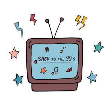 Doodle retro TV from 1990s isolated. Vintage television with text Back to the 90s. Vector colored doodle illustration on white background