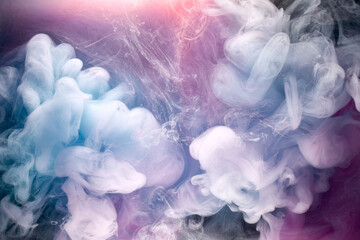 Lilac smoke on black ink background, colorful pink fog, abstract swirling touch ocean sea, azure...